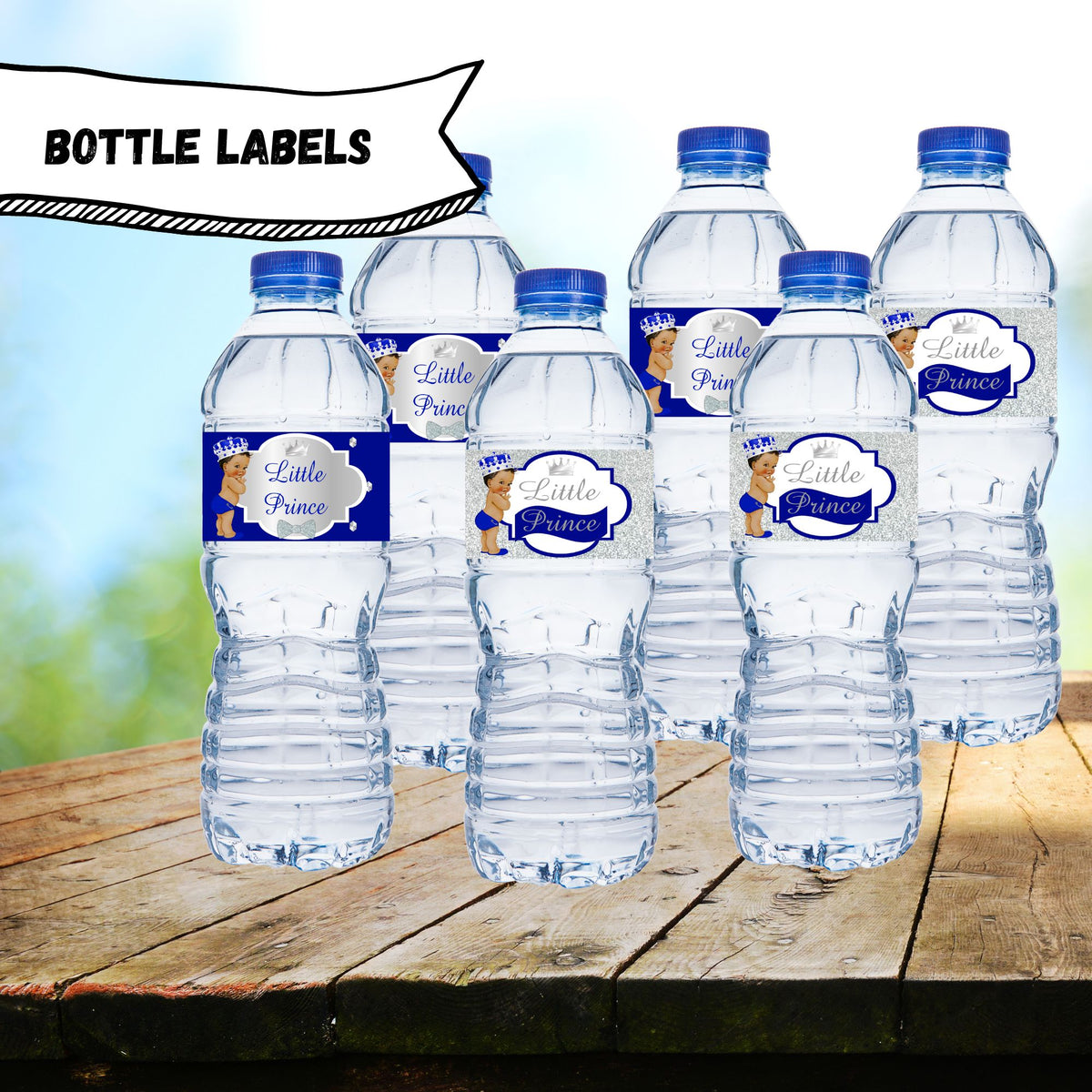 Royal Blue and Silver Little Prince Water Bottle Labels Brown