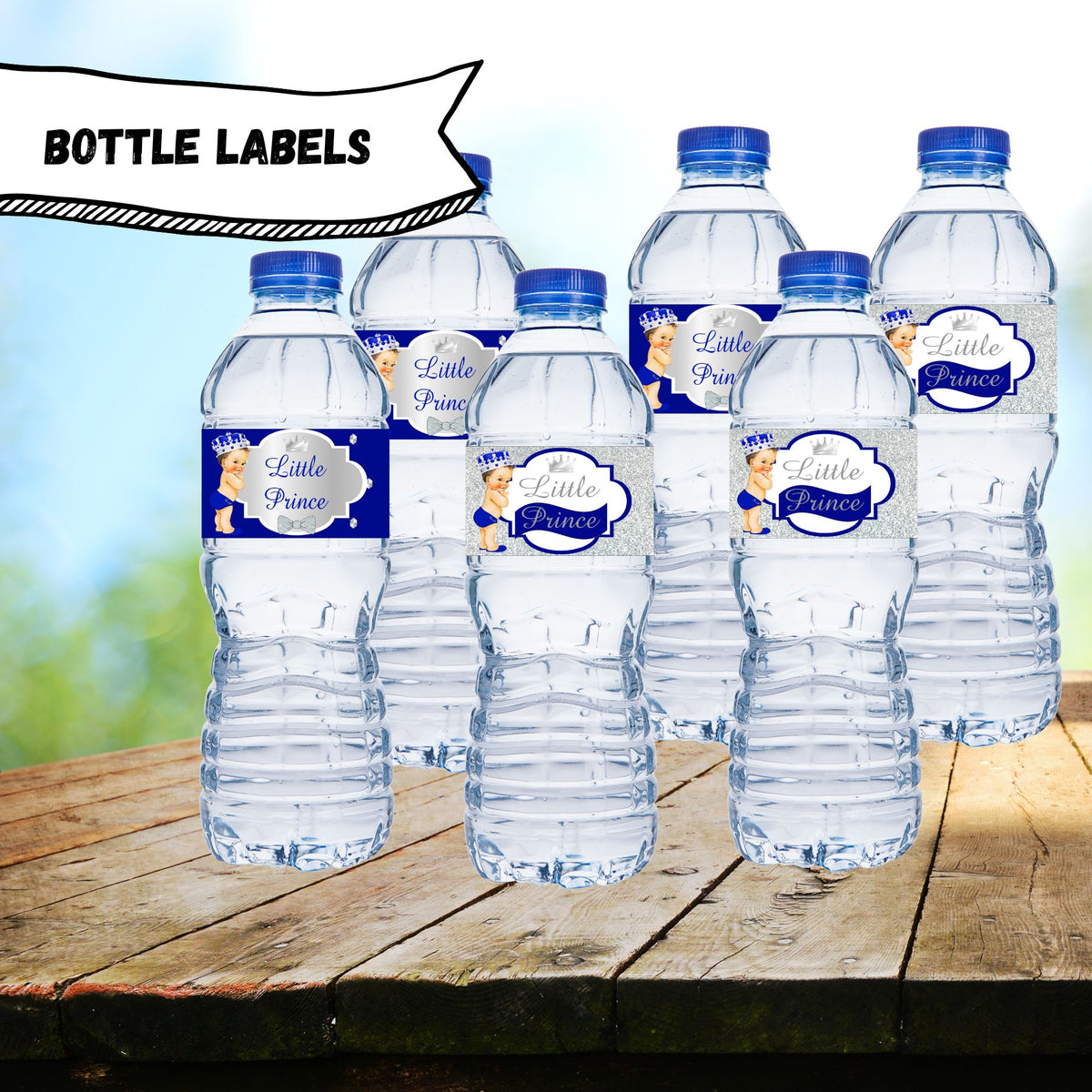 Royal Blue and Silver Little Prince Water Bottle Labels Brunette Hair