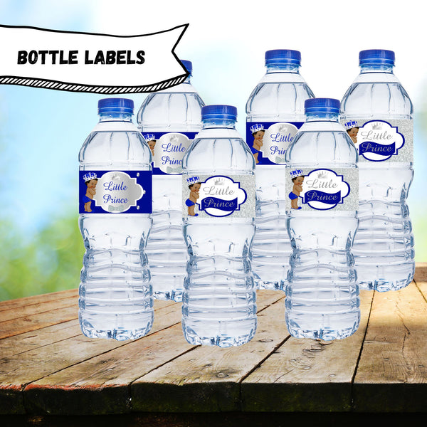 Royal Blue and Silver Little Prince Water Bottle Labels Curly Hair