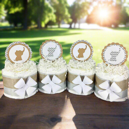 Baby Elephant Silhouette Mini Diaper Cake Centerpieces, Taupe & Gray