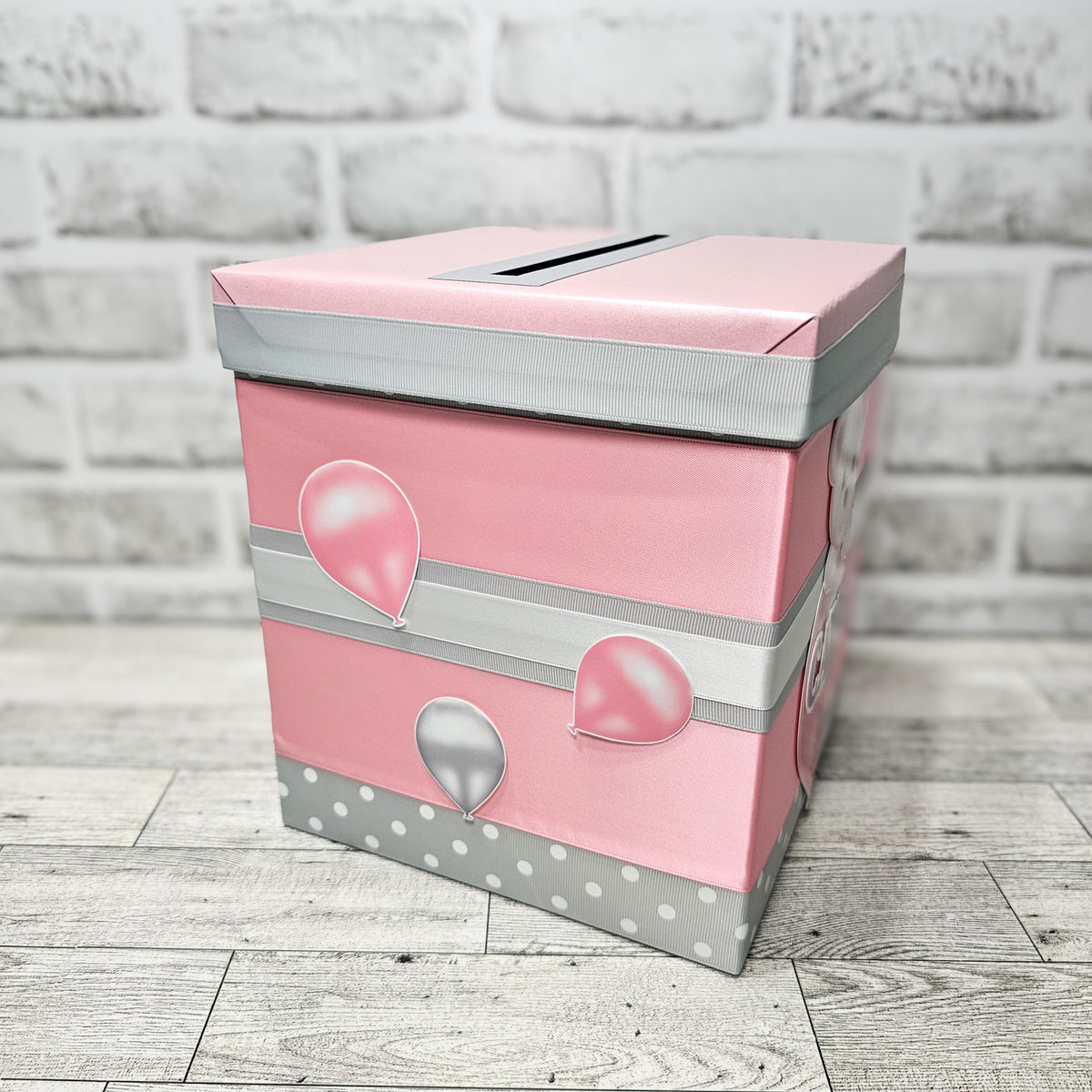 Baby Girl Bear Baby Shower Card Box, Pink & Gray