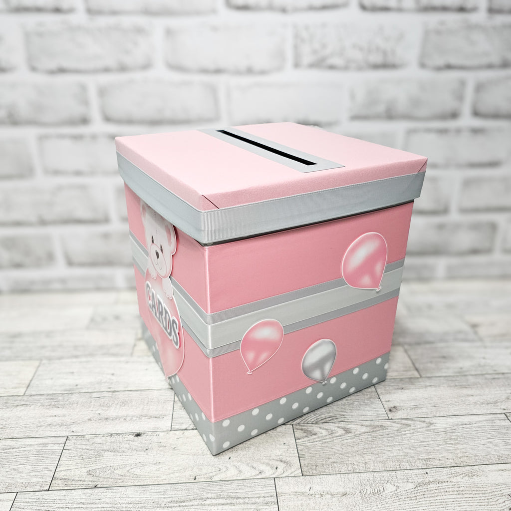 Baby Girl Bear Baby Shower Card Box, Pink & Gray