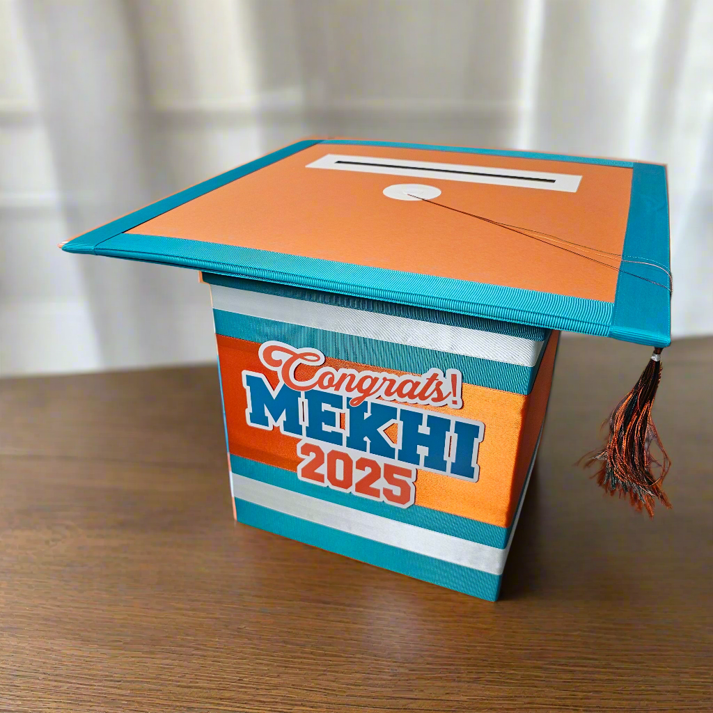 Graduation Cap Card Box, Orange, Turquoise, White Style 7