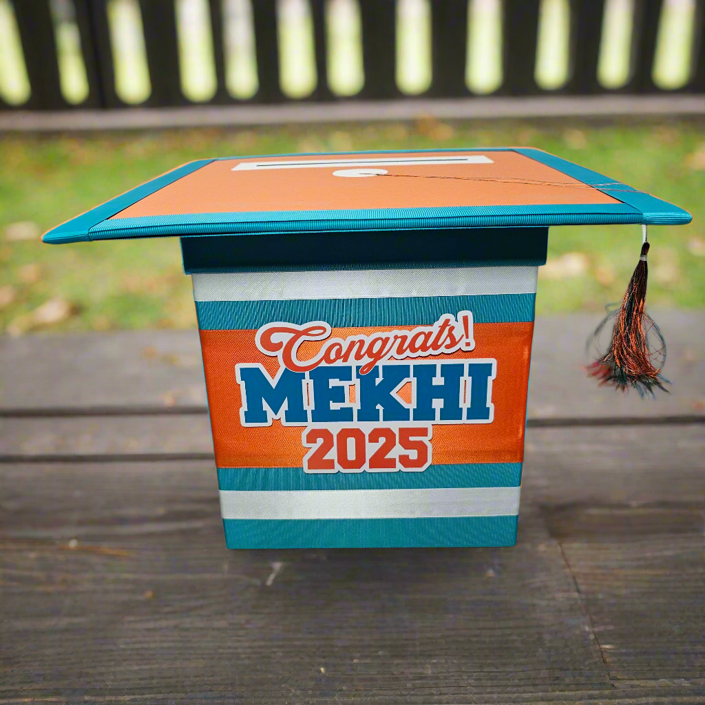 Graduation Cap Card Box, Orange, Turquoise, White Style 7
