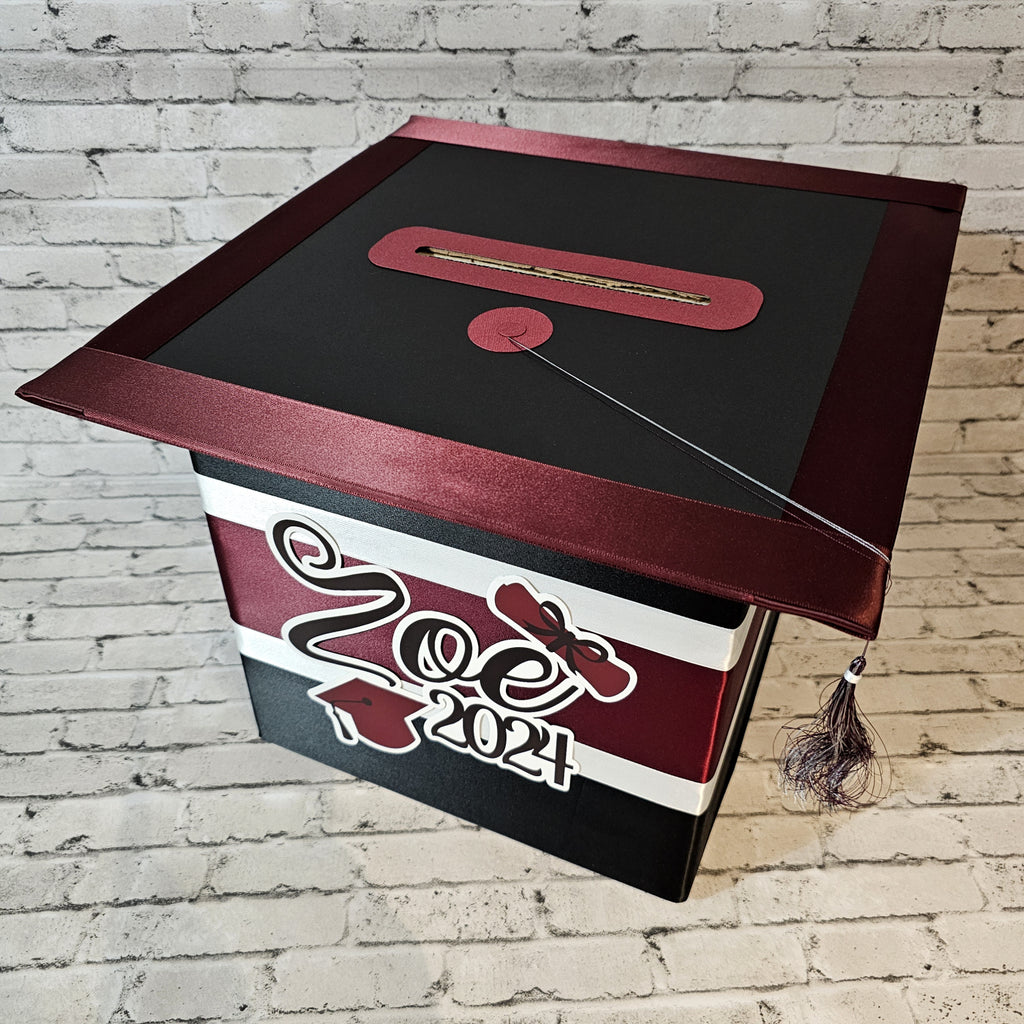 Large Graduation Cap Card Box, Black, Burgundy, White