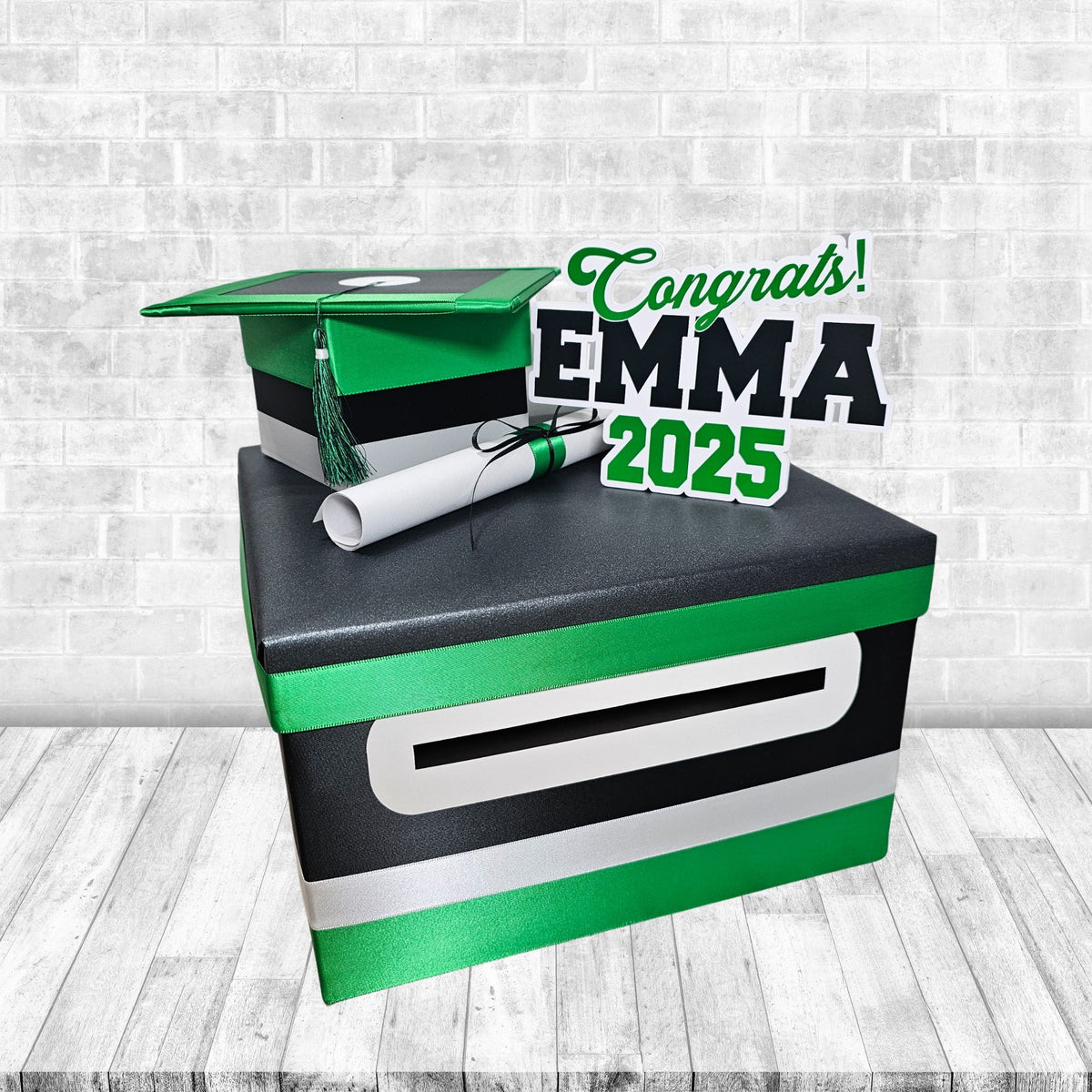 Black, Emerald Green, and White Graduation Card Box