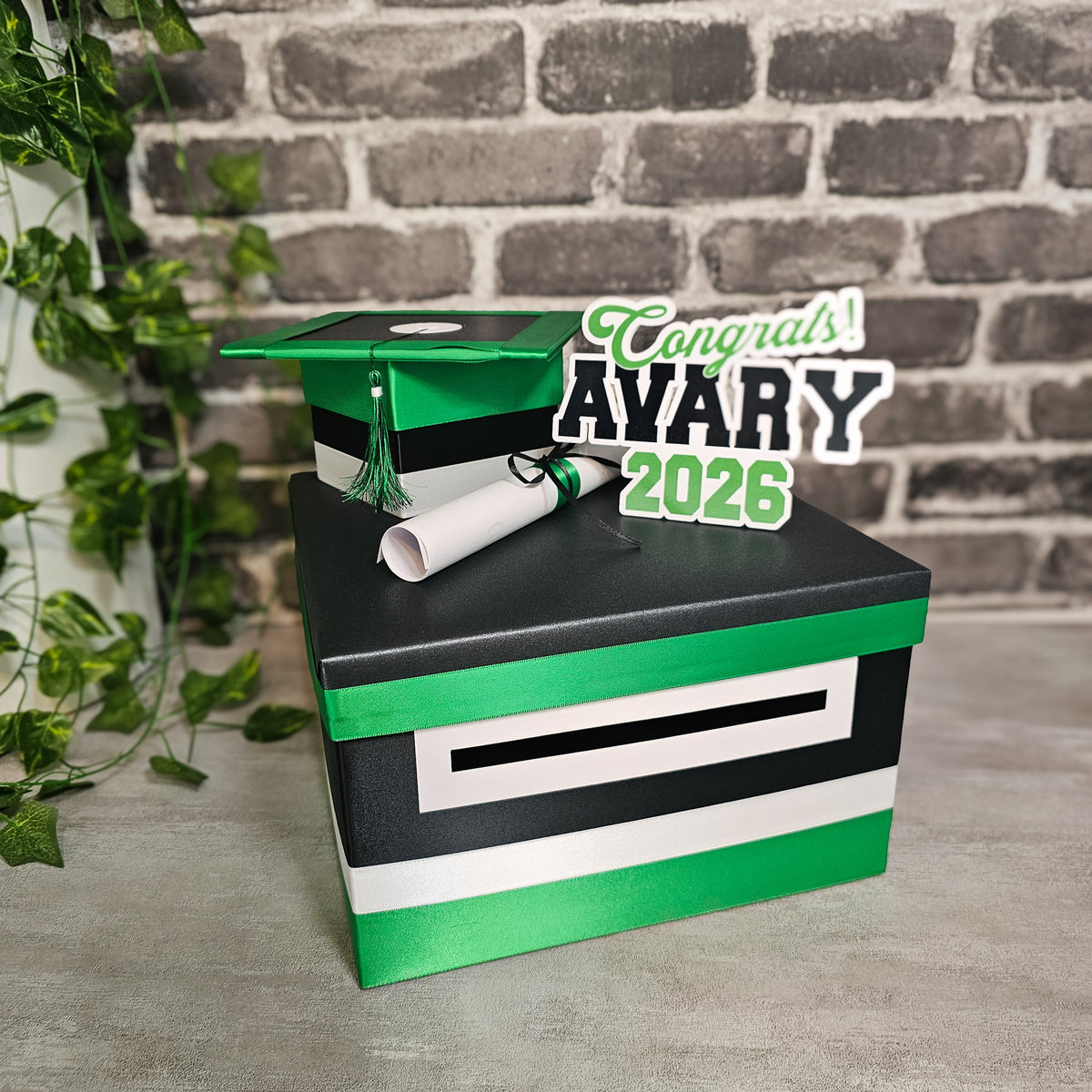 Black and Emerald Green Graduation Card Box, 10x10x6