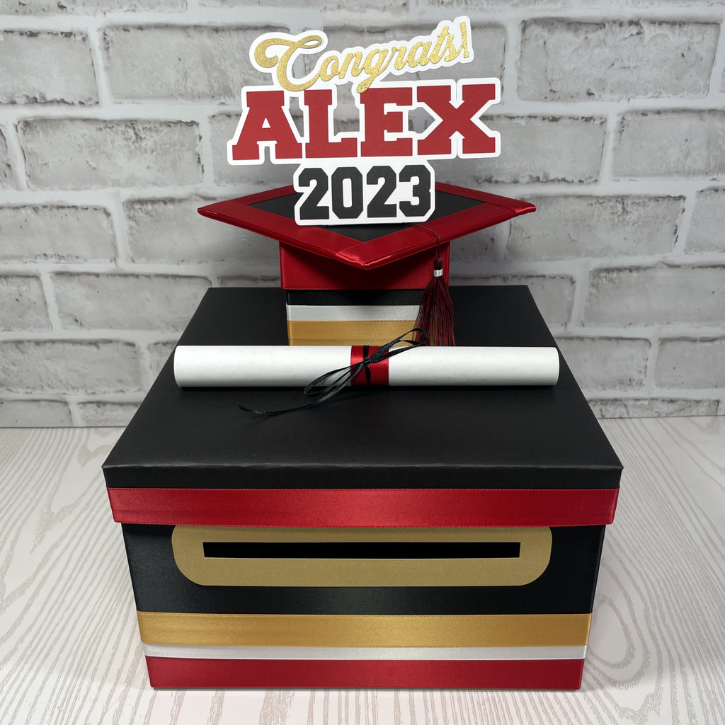 Black, Red, Old Gold, & White 10x10 Graduation Party Card Box