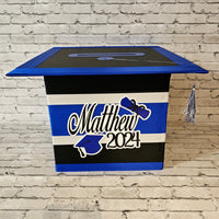 Large Graduation Cap Card Box - Black, Royal Blue, White 10x10x10
