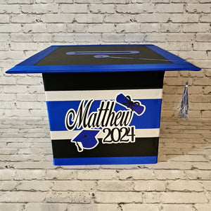 Large Graduation Cap Card Box - Black, Royal Blue, White 10x10x10