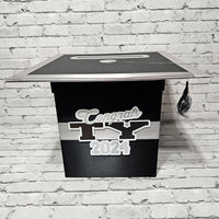 Graduation Cap Card Box - Black, Silver 8x8 Style 4
