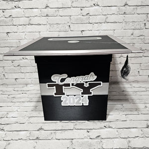 Graduation Cap Card Box - Black, Silver 8x8 Style 4