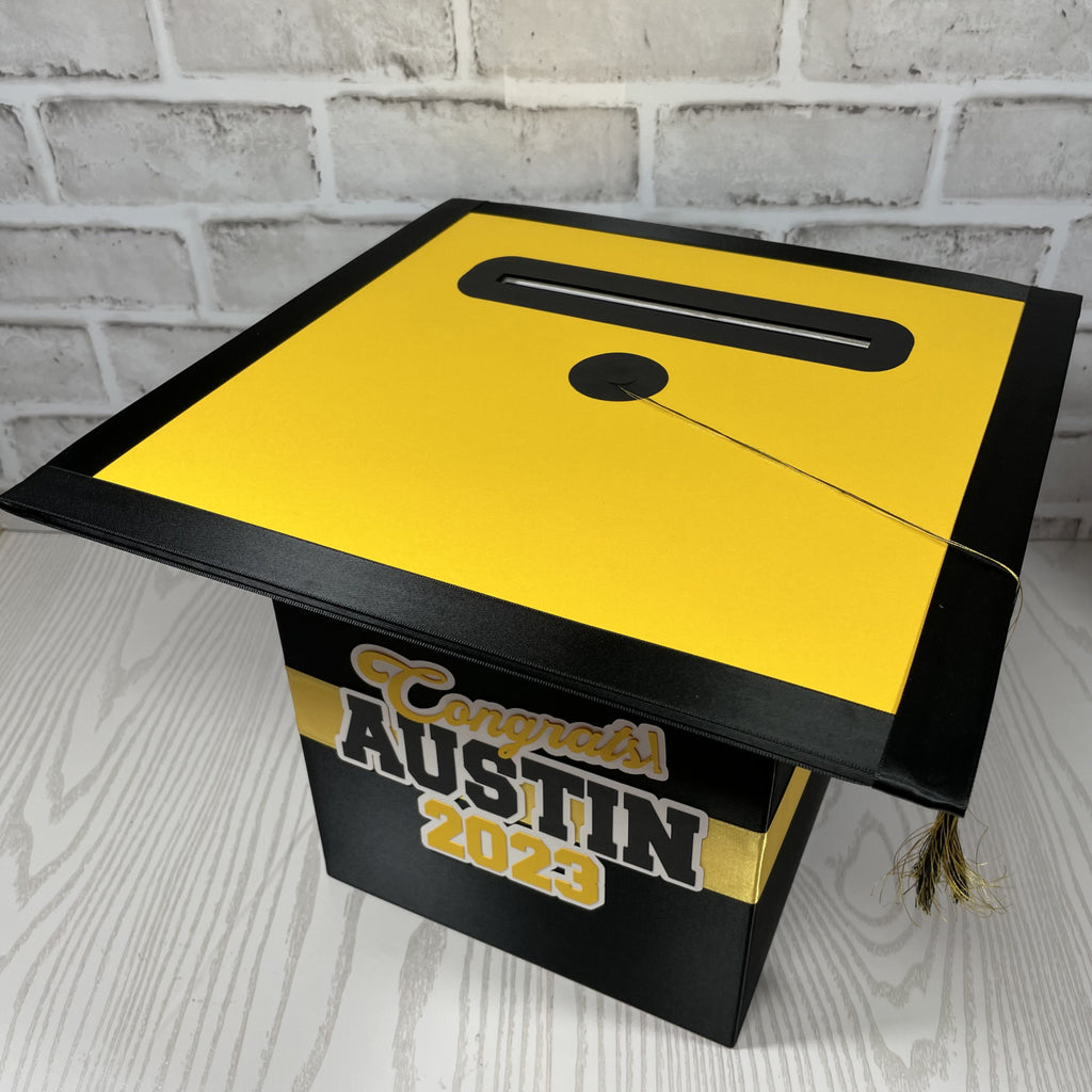 Graduation Party Card Box - Black, Yellow Gold 8x8 Style 4