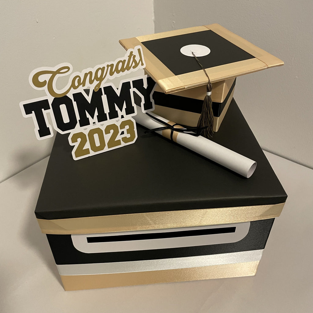 Black, Light Gold, & White 10x10 Graduation Card & Money Box