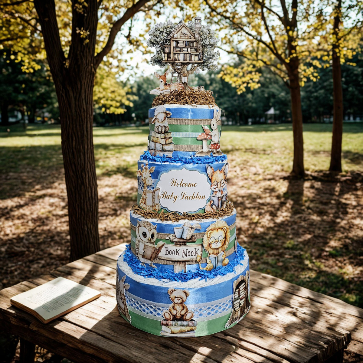 Storybook Diaper Cake Centerpiece, Blue, Sage, Brown