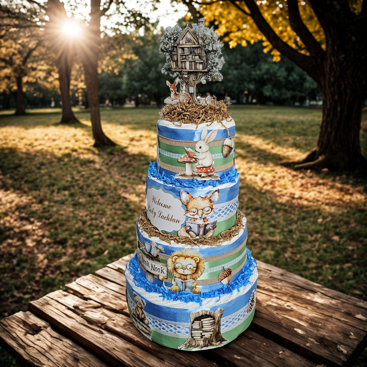 Storybook Diaper Cake Centerpiece, Blue, Sage, Brown