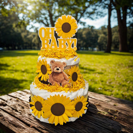 Sunflowers & Teddy Bears 2-tier Diaper Cake Centerpiece