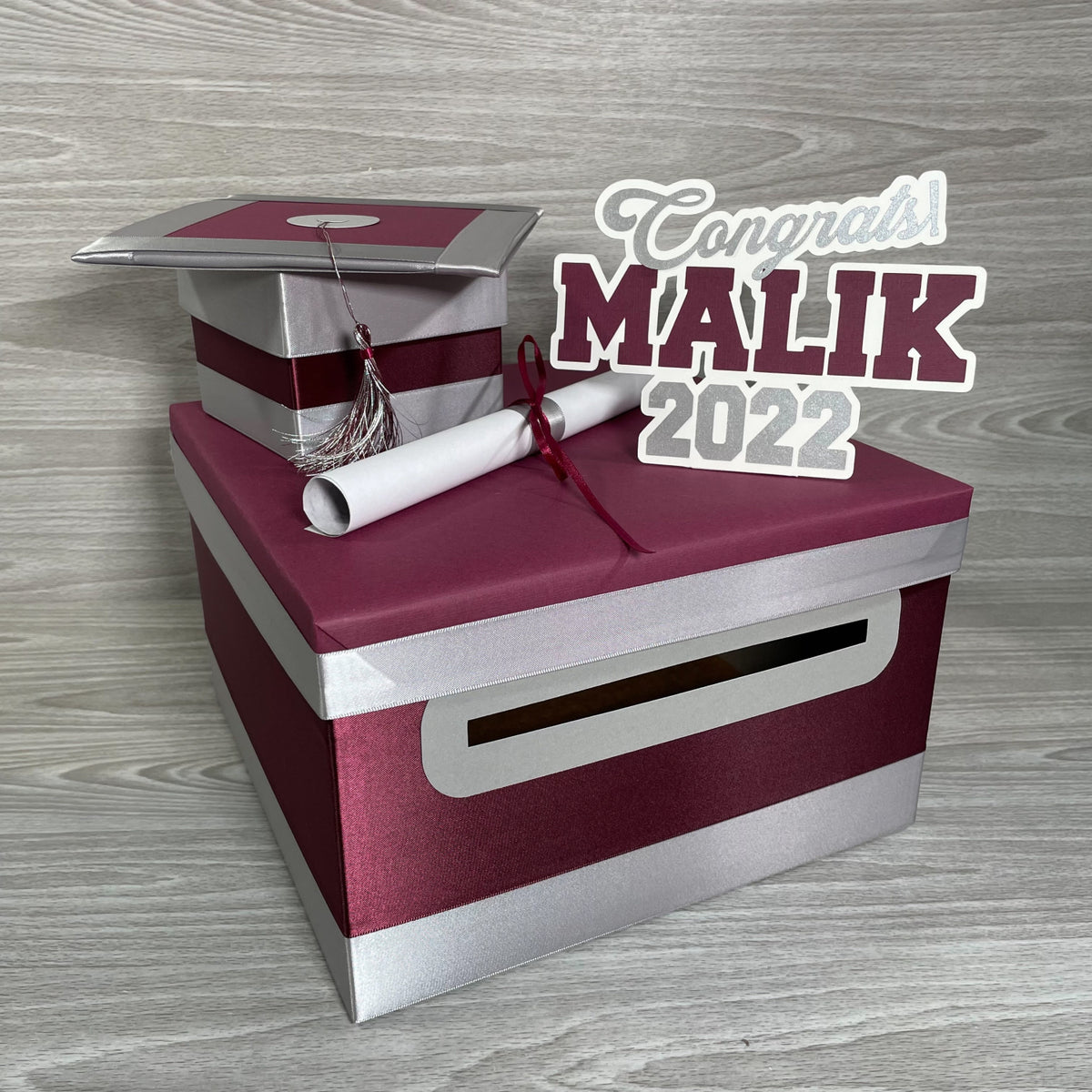 Graduation Card Box - Burgundy, Light Gold 10x10