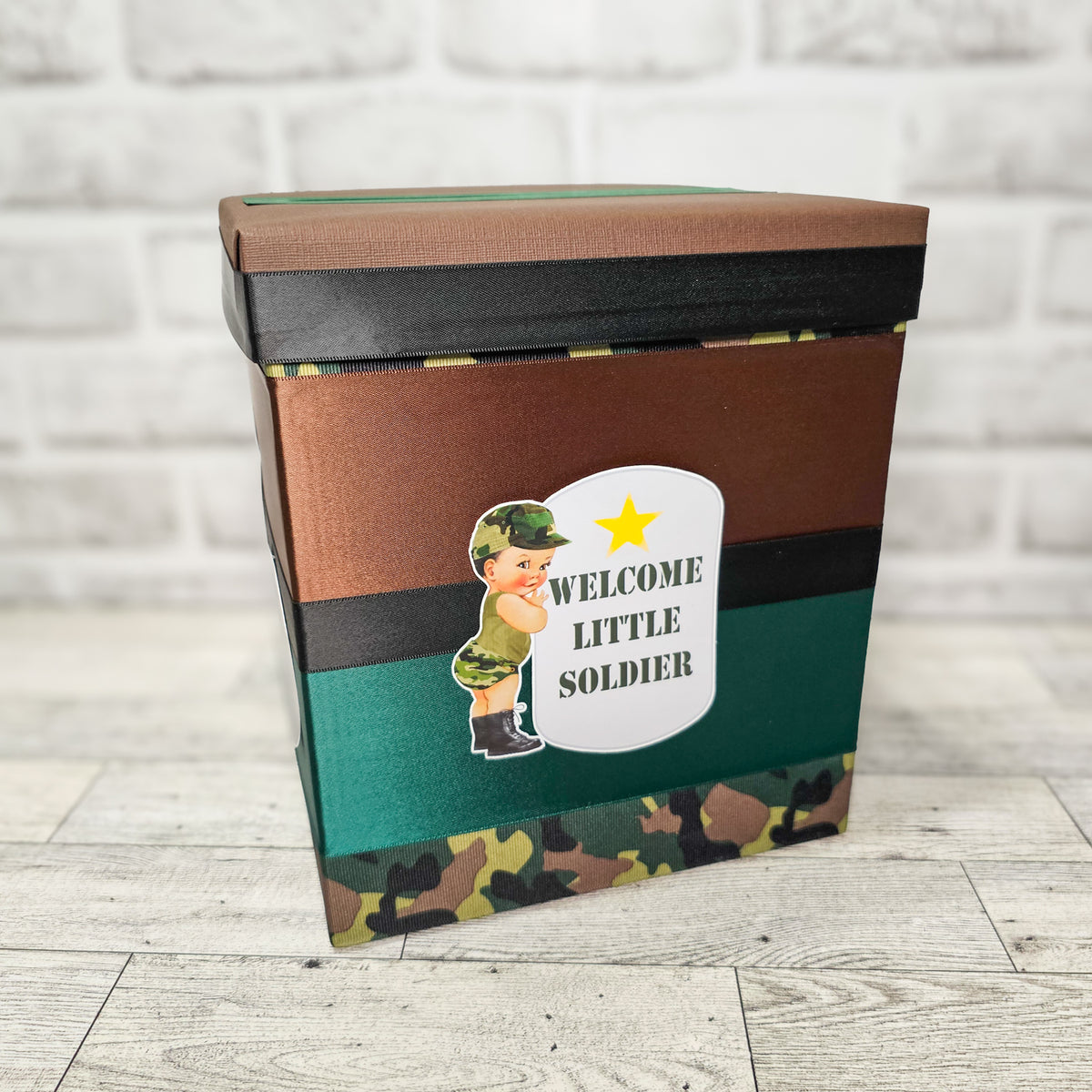 Little Soldier Camouflage Boy Baby Shower Card Box, Brown Hair