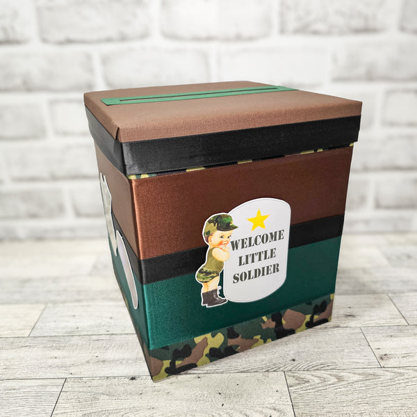 Little Soldier Camouflage Boy Baby Shower Card Box, Brunette Hair