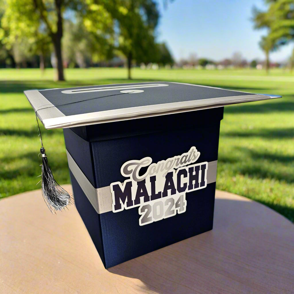 Deep Navy Blue and Silver Graduation Card Box