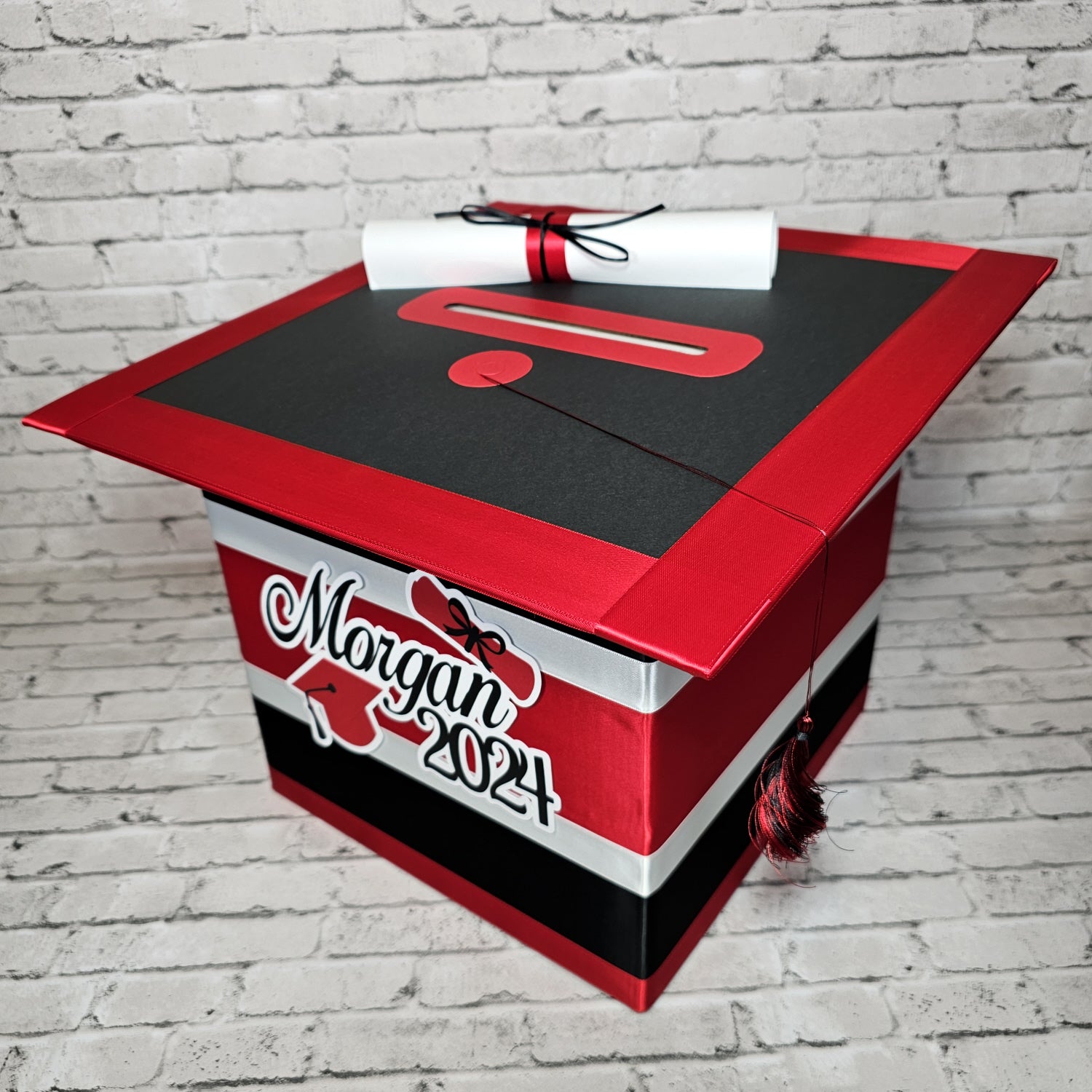 Large Graduation Cap Card Box - Black, Red, White 10x10x10 | Nepheryn Party