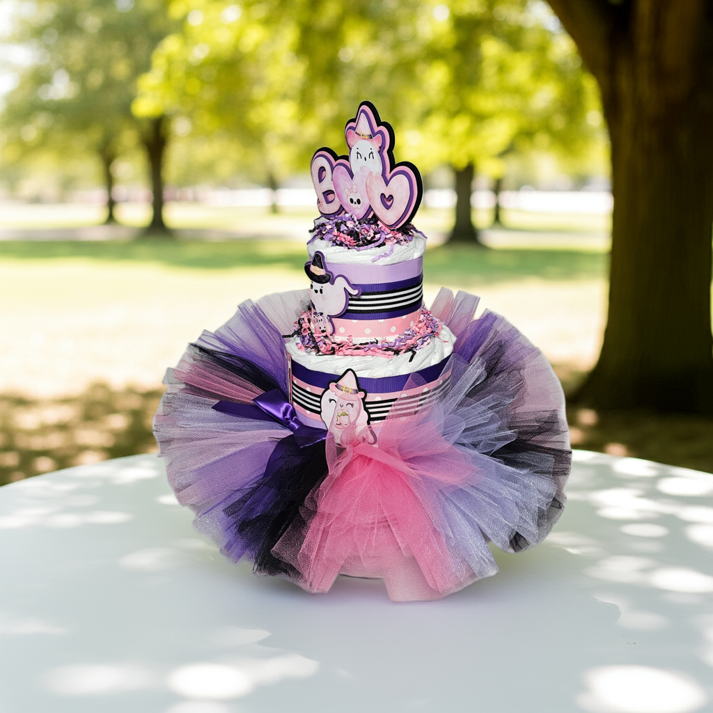Pink and Purple Halloween Tutu Diaper Cake