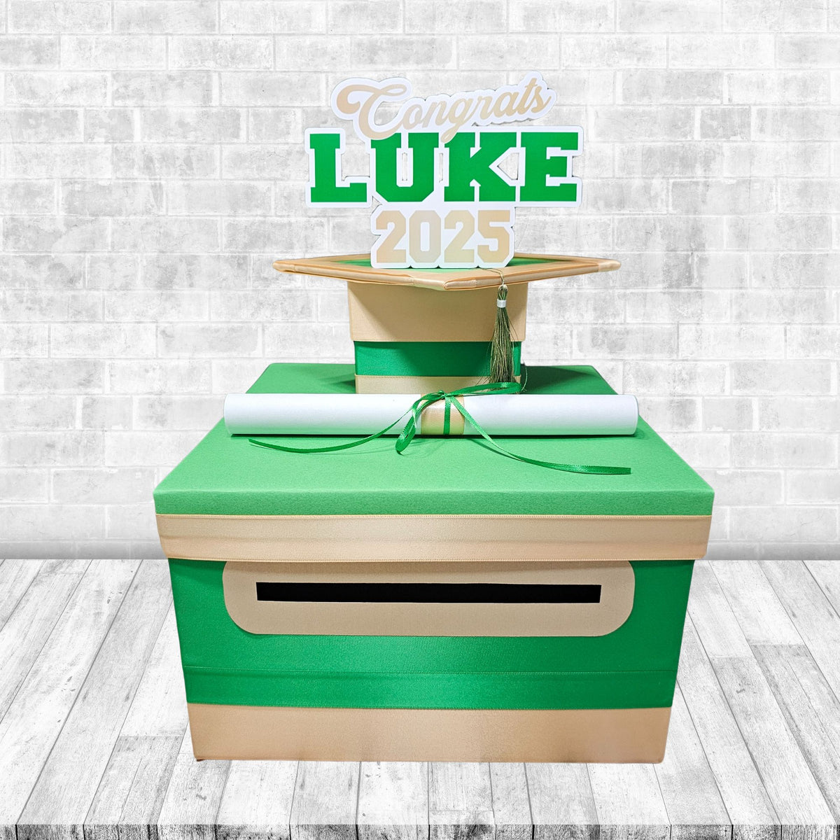 Graduation Card Box, Emerald Green, Light Gold 10x10
