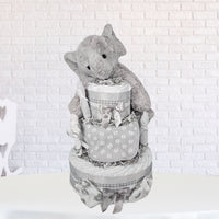 Gray and White Baby Elephant Diaper Cake Gift
