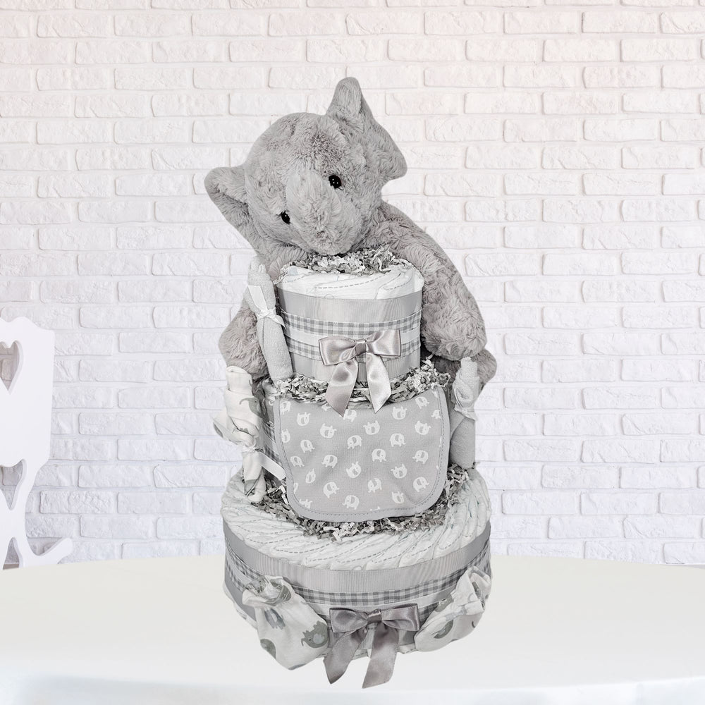 Gray and White Baby Elephant Diaper Cake Gift