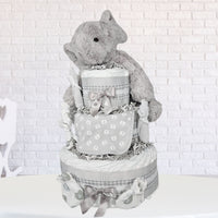 Gray and White Elephant Baby Shower Diaper Cake Gift
