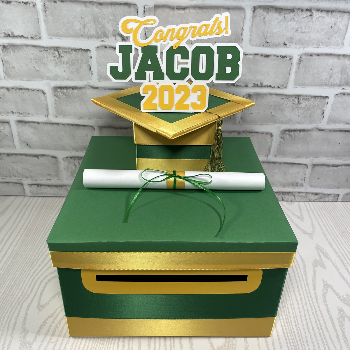 Green & Yellow Gold 10x10 Graduation Money Box