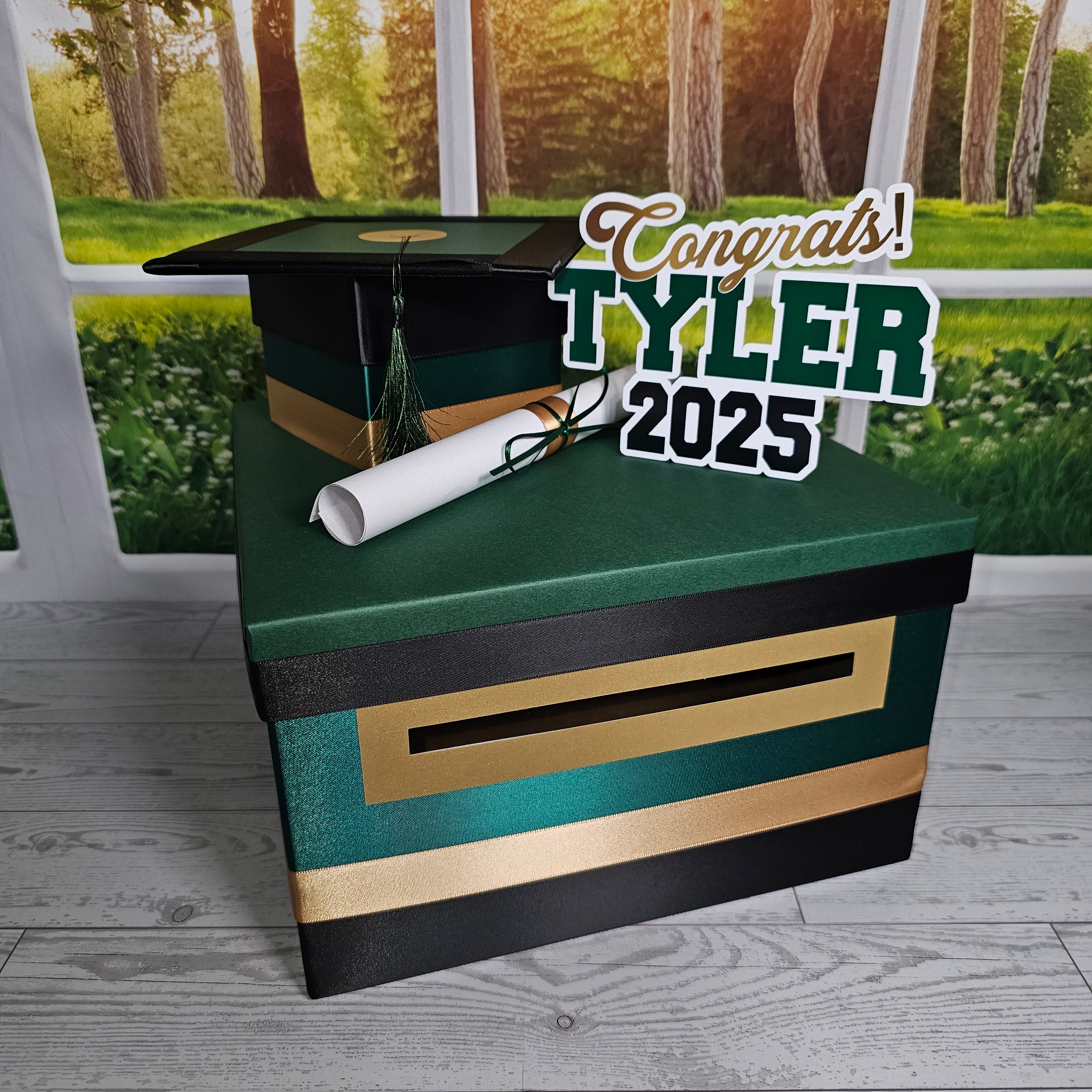 Hunter Green Base 10x10x6 Graduation Card Box Hunter Green/Black/Antique Gold