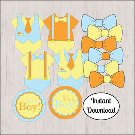 Printable Light Blue, Yellow, and Orange Boy Bodysuit, Bow Tie, and Tags Clipart