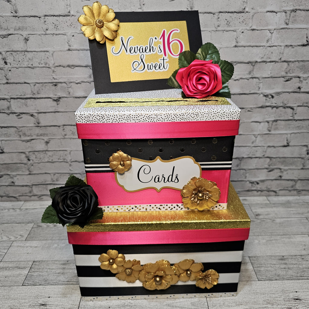 Sweet 16 Card Box, Pink, Black, Gold, White