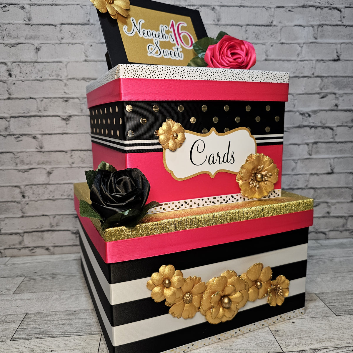 Sweet 16 Card Box, Pink, Black, Gold, White