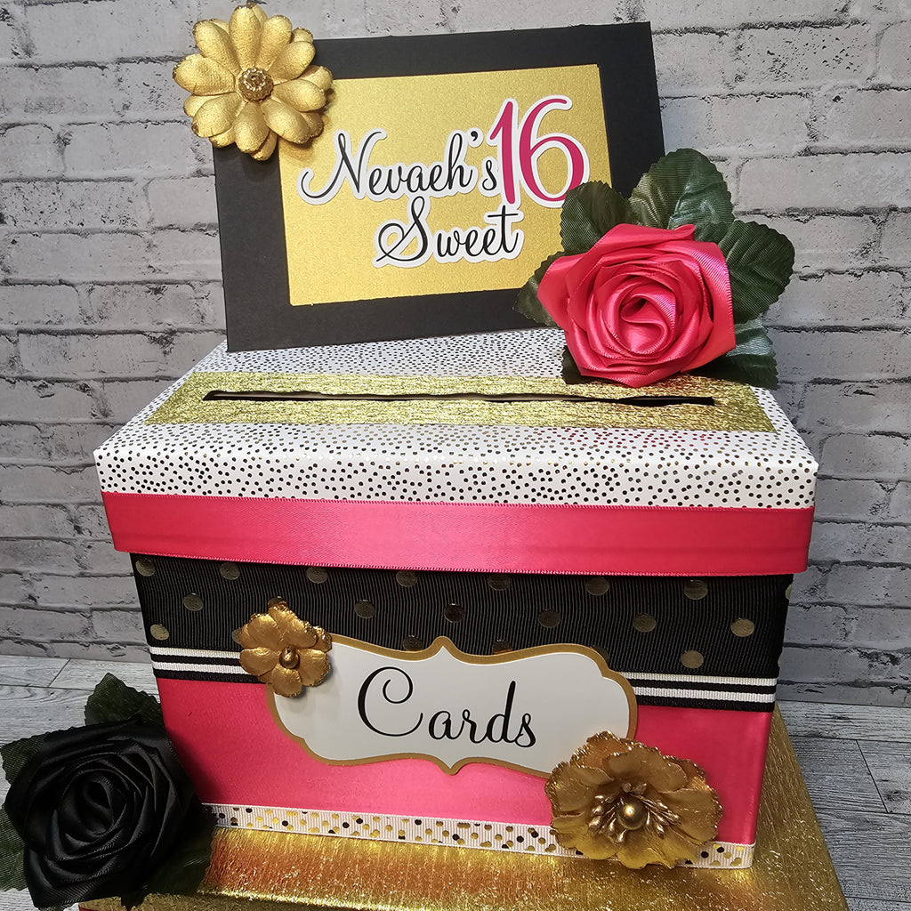 Sweet 16 Card Box, Pink, Black, Gold, White