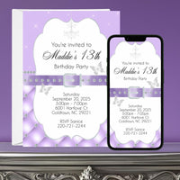 Lavender and Silver Girl Birthday Invitation