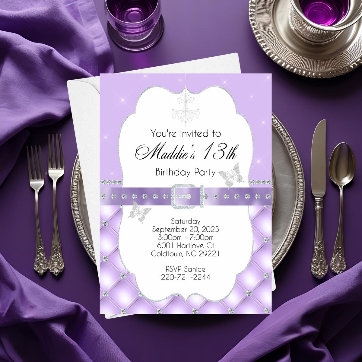 Lavender and Silver Girl Birthday Invitation