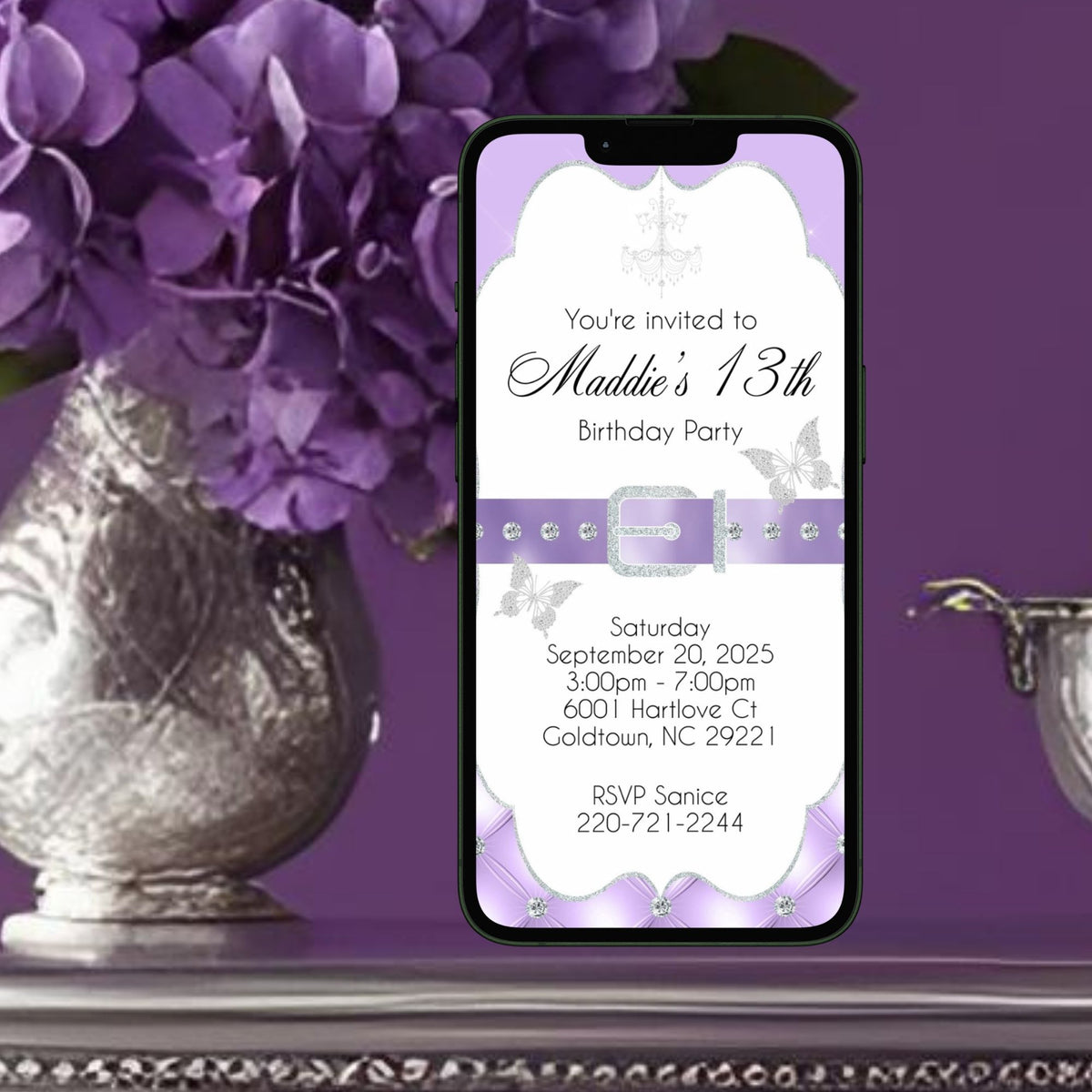 Lavender and Silver Girl Birthday Invitation