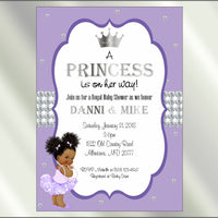 Princess Baby Shower Invite and Diaper Raffle, Lavender & Silver, Afro