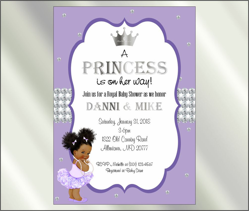 Princess Baby Shower Invite and Diaper Raffle, Lavender & Silver, Afro