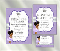 Princess Baby Shower Invite and Diaper Raffle, Lavender & Silver, Afro
