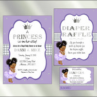 Princess Baby Shower Invite and Diaper Raffle, Lavender & Silver, Afro