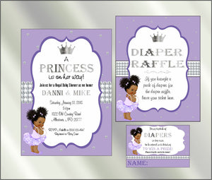 Princess Baby Shower Invite and Diaper Raffle, Lavender & Silver, Afro