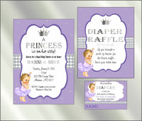 Princess Baby Shower Invite and Diaper Raffle, Lavender & Silver, Afro
