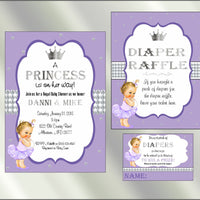 Princess Baby Shower Invite and Diaper Raffle, Lavender & Silver, Afro