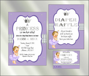 Princess Baby Shower Invite and Diaper Raffle, Lavender & Silver, Afro