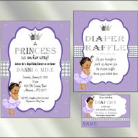 Princess Baby Shower Invite and Diaper Raffle, Lavender & Silver, Afro