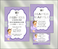 Princess Baby Shower Invite and Diaper Raffle, Lavender & Silver, Afro
